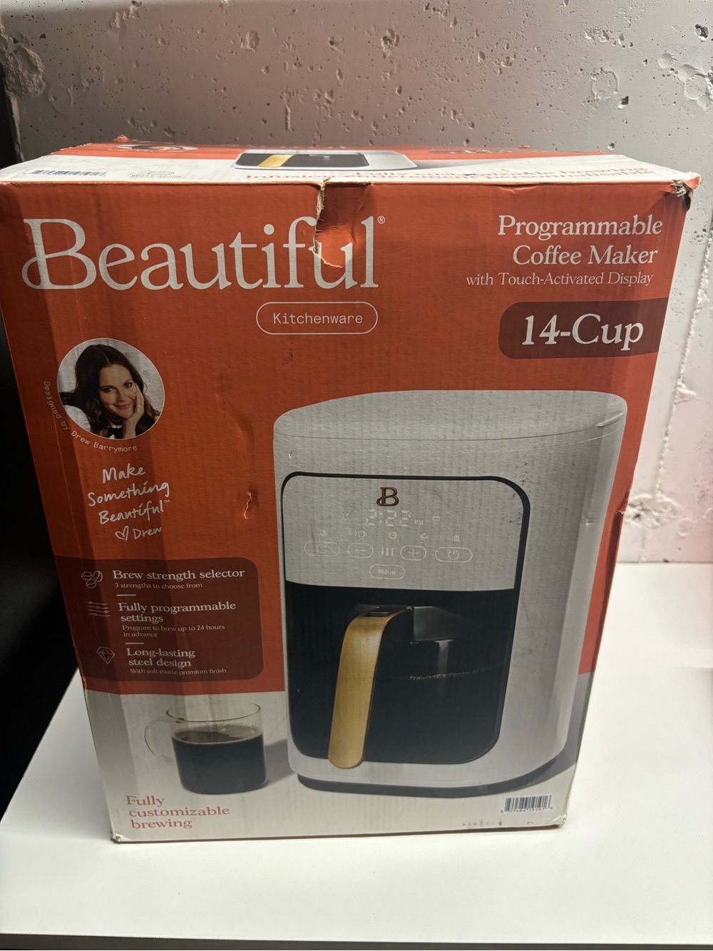Beautiful by Drew 14-Cup Programmable Coffee Maker in White with Gold Handle